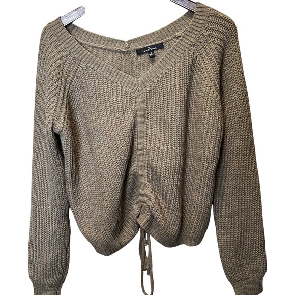Lane Tree Sweaters - Love Tree Bohemian Knit Sweater Taupe V Neck Cinched Drawstring Cropped Sleeve S